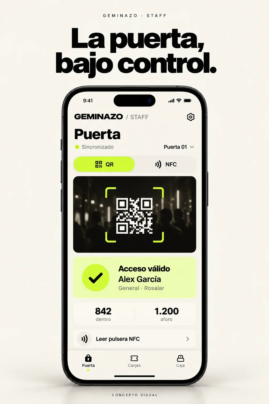 App de puerta: validación de QR y pulsera