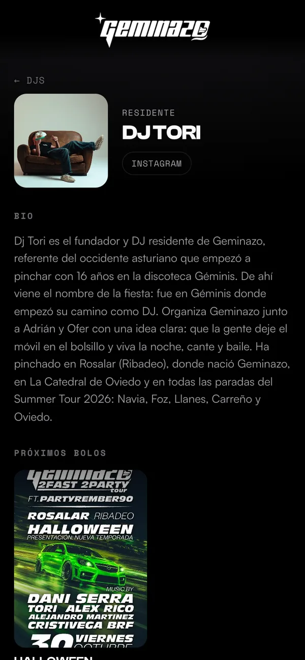 Ficha de DJ Tori en geminazo.com, en el móvil