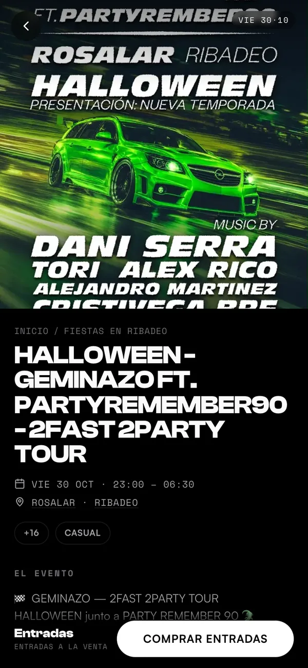 Ficha de la fiesta de Halloween en geminazo.com, en el móvil