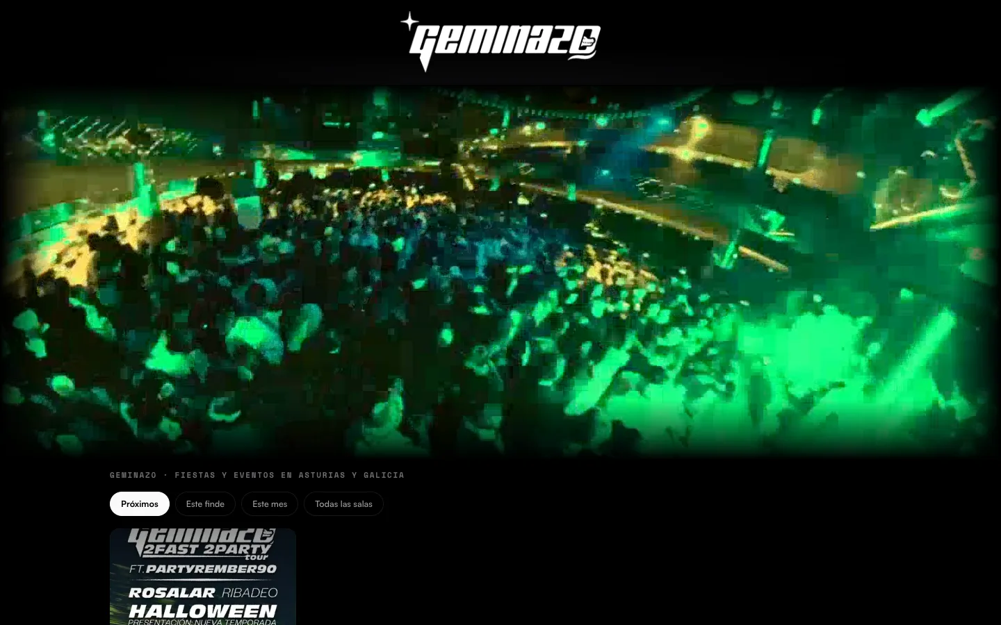 Portada de geminazo.com en escritorio, con la cabecera de vídeo y la próxima fiesta
